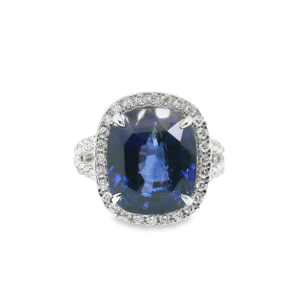 9.89 ct.t.w. Natural Heated Ceylon Sapphire and Diamond Bridal Halo Ring, in White Gold