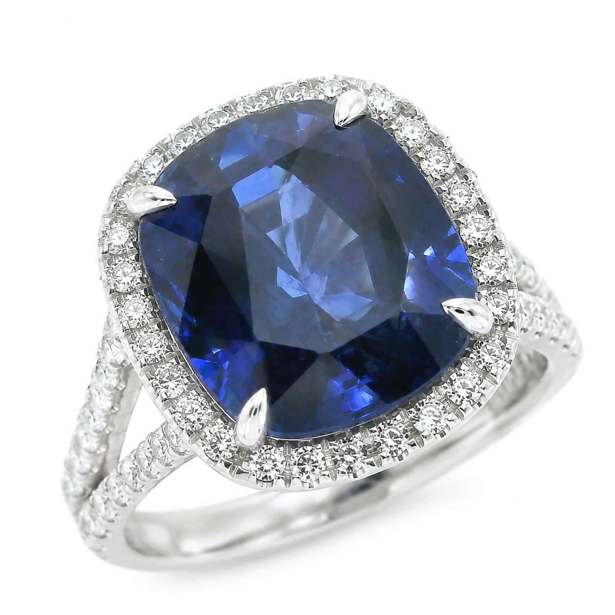 Natural Heated Ceylon Sapphire and Diamond Bridal Halo Ring 14KT White Gold