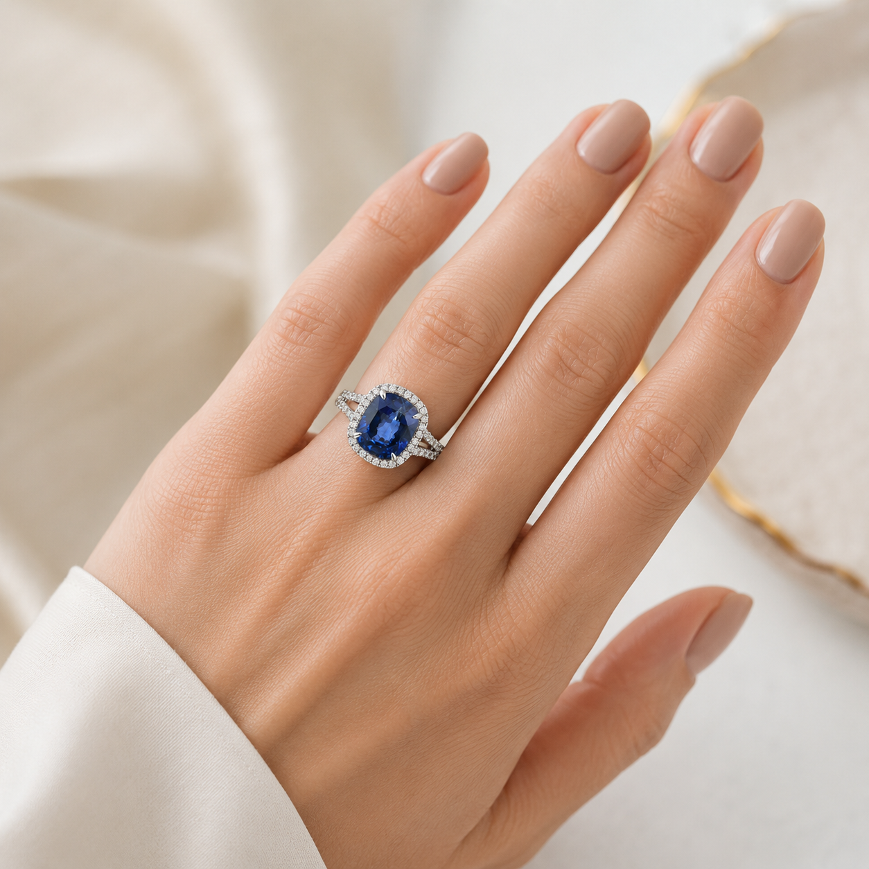 Natural Heated Ceylon Sapphire and Diamond Bridal Halo Ring 14KT White Gold