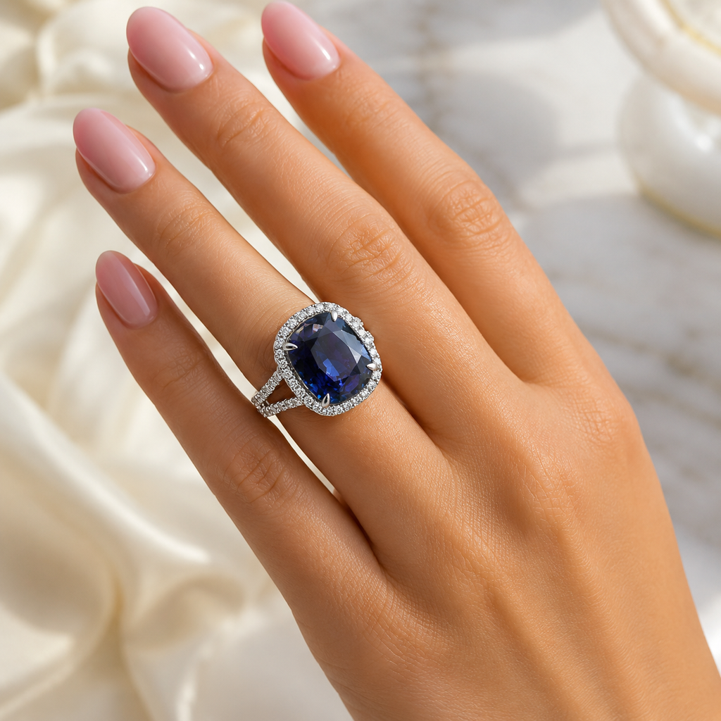 Natural Heated Ceylon Sapphire and Diamond Bridal Halo Ring 14KT White Gold