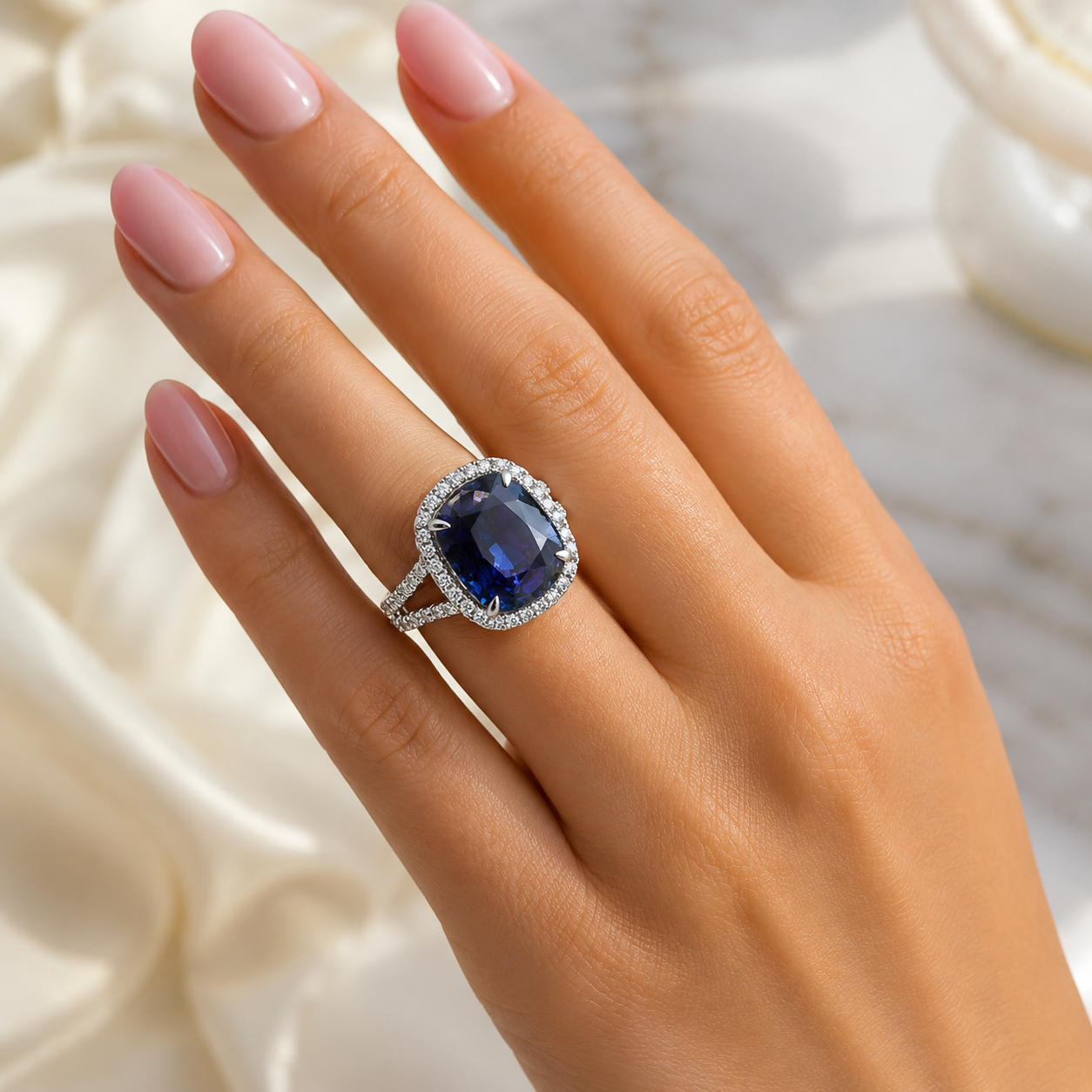 Natural Heated Ceylon Sapphire and Diamond Bridal Halo Ring 14KT White Gold