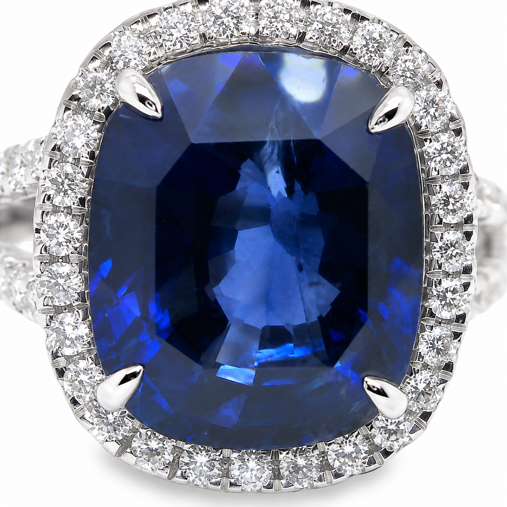 Natural Heated Ceylon Sapphire and Diamond Bridal Halo Ring 14KT White Gold