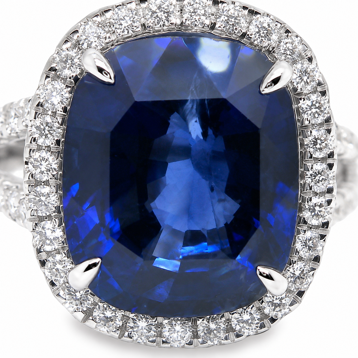 Natural Heated Ceylon Sapphire and Diamond Bridal Halo Ring 14KT White Gold