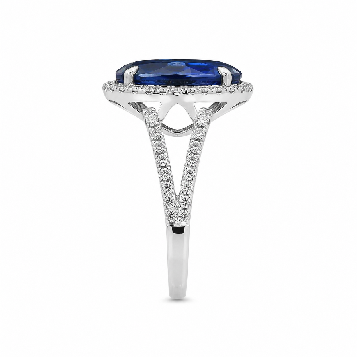Natural Heated Ceylon Sapphire and Diamond Bridal Halo Ring 14KT White Gold
