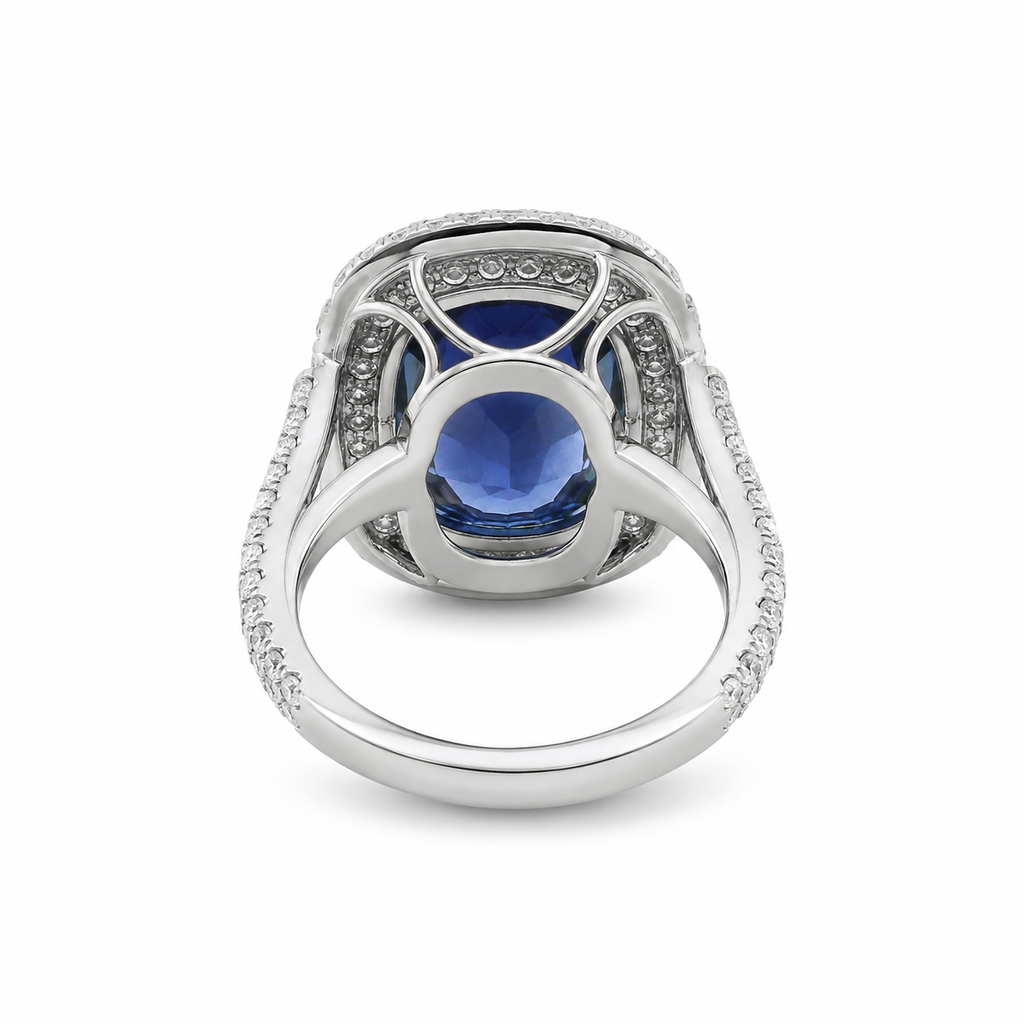 Natural Heated Ceylon Sapphire and Diamond Bridal Halo Ring 14KT White Gold