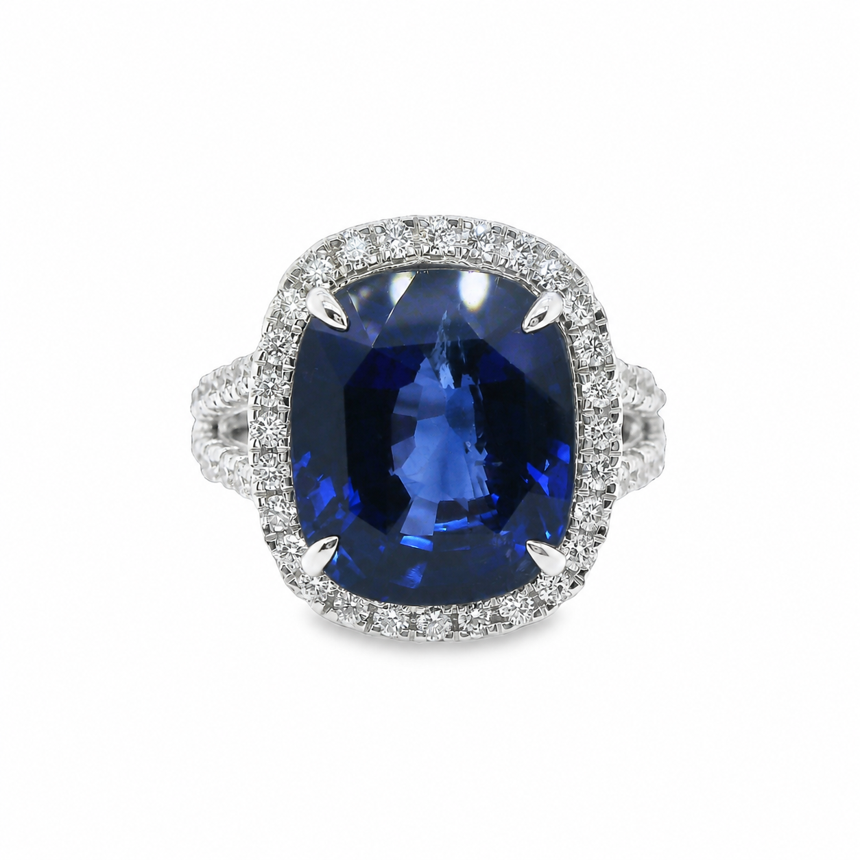 Natural Heated Ceylon Sapphire and Diamond Bridal Halo Ring 14KT White Gold