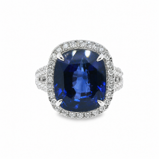 Natural Heated Ceylon Sapphire and Diamond Bridal Halo Ring 14KT White Gold