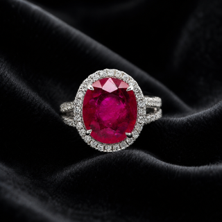 Natural Heated Mozambique Ruby and Diamond Bridal Halo Ring 14KT White Gold