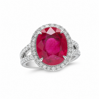 Natural Heated Mozambique Ruby and Diamond Bridal Halo Ring 14KT White Gold