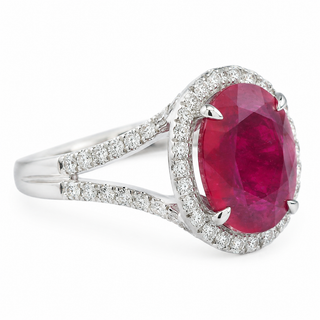 Natural Heated Mozambique Ruby and Diamond Bridal Halo Ring 14KT White Gold