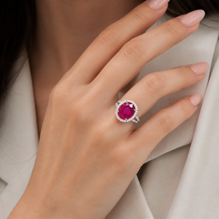Natural Heated Mozambique Ruby and Diamond Bridal Halo Ring 14KT White Gold