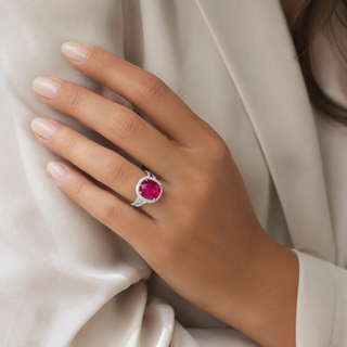 Natural Heated Mozambique Ruby and Diamond Bridal Halo Ring 14KT White Gold