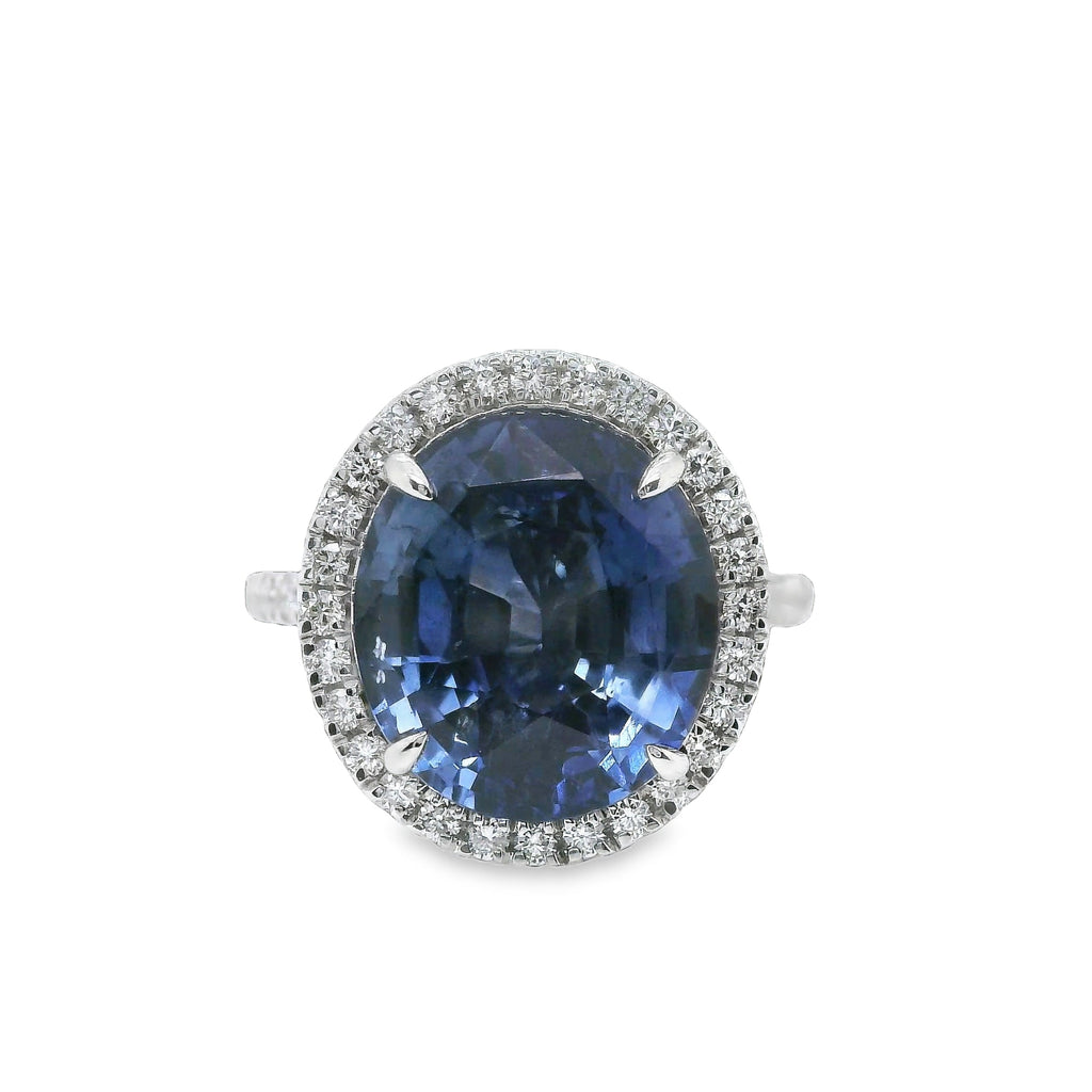 9.19 ct.t.w. Natural Heated Ceylon Sapphire and Diamond Bridal Halo Ring, in White Gold