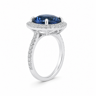 Natural Heated Ceylon Sapphire and Diamond Halo 14KT White Gold Ring