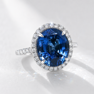 Natural Heated Ceylon Sapphire and Diamond Halo 14KT White Gold Ring