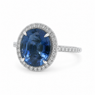 Natural Heated Ceylon Sapphire and Diamond Halo 14KT White Gold Ring