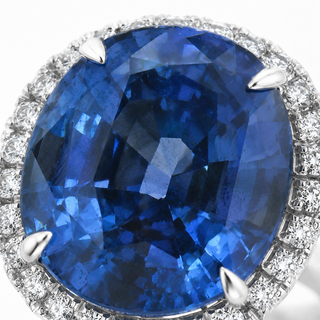 Natural Heated Ceylon Sapphire and Diamond Halo 14KT White Gold Ring