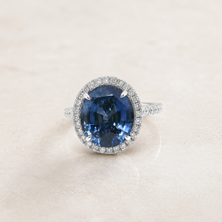 Natural Heated Ceylon Sapphire and Diamond Halo 14KT White Gold Ring