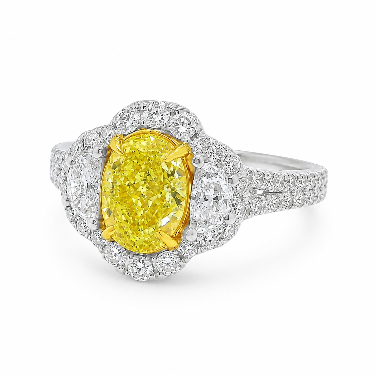Natural Fancy Yellow Diamond Oval Cut Bridal Halo Ring 18KT White Gold