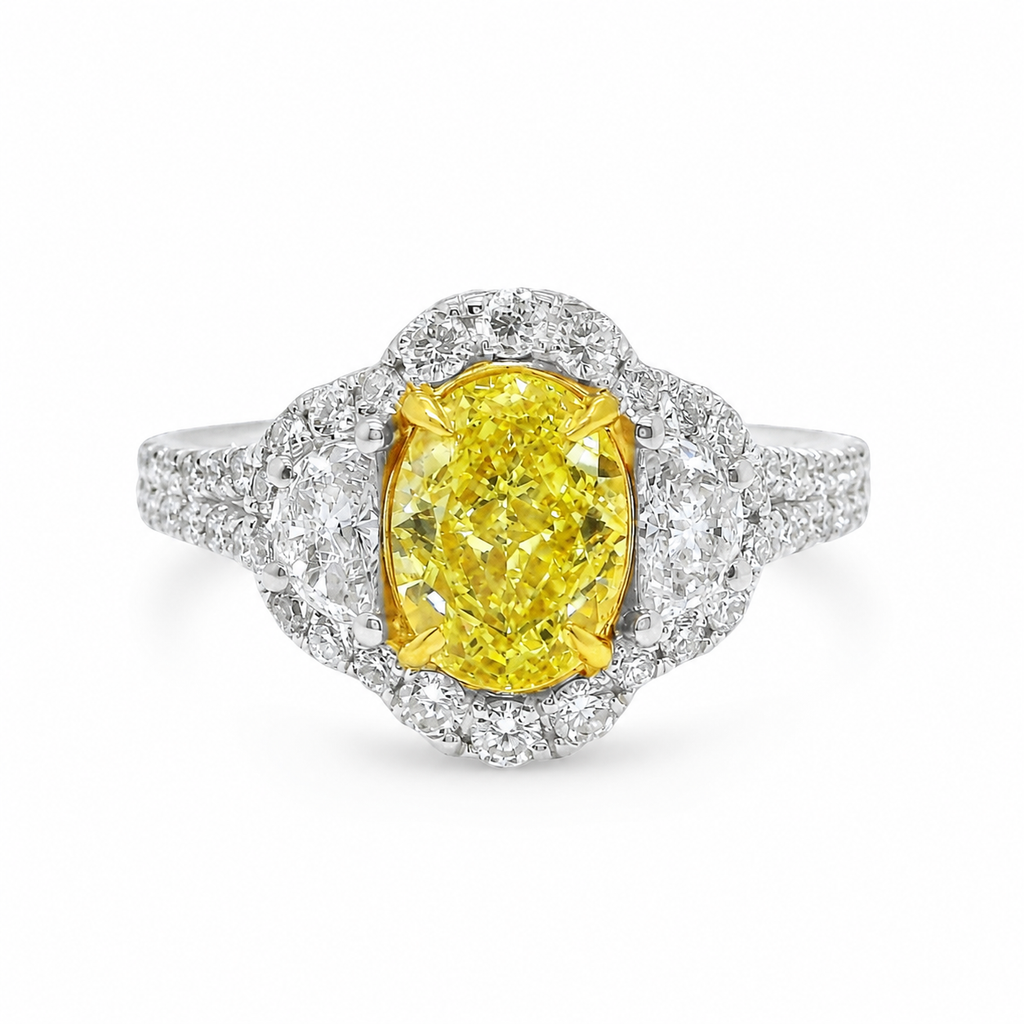 Natural Fancy Yellow Diamond Oval Cut Bridal Halo Ring 18KT White Gold