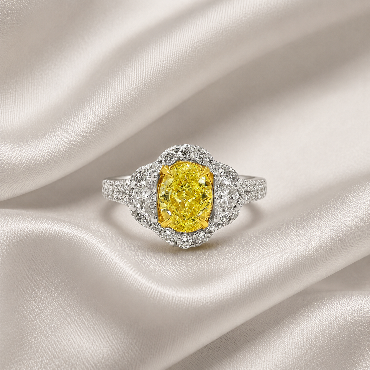 Natural Fancy Yellow Diamond Oval Cut Bridal Halo Ring 18KT White Gold