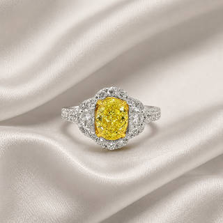 Natural Fancy Yellow Diamond Oval Cut Bridal Halo Ring 18KT White Gold