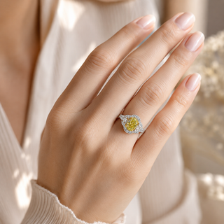 Natural Fancy Yellow Diamond Oval Cut Bridal Halo Ring 18KT White Gold