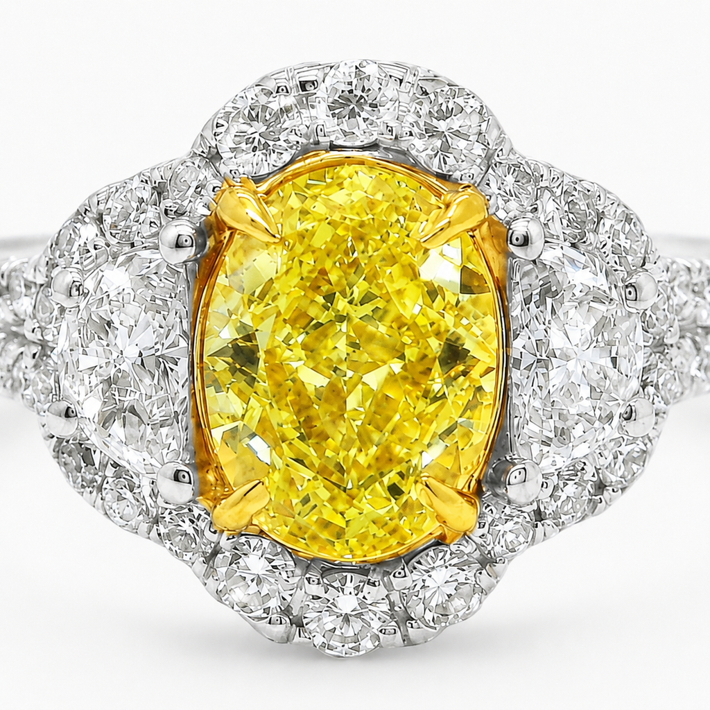 Natural Fancy Yellow Diamond Oval Cut Bridal Halo Ring 18KT White Gold
