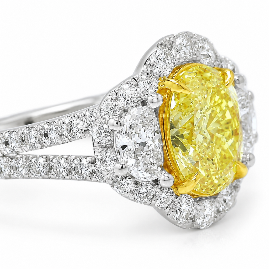 Natural Fancy Yellow Diamond Oval Cut Bridal Halo Ring 18KT White Gold