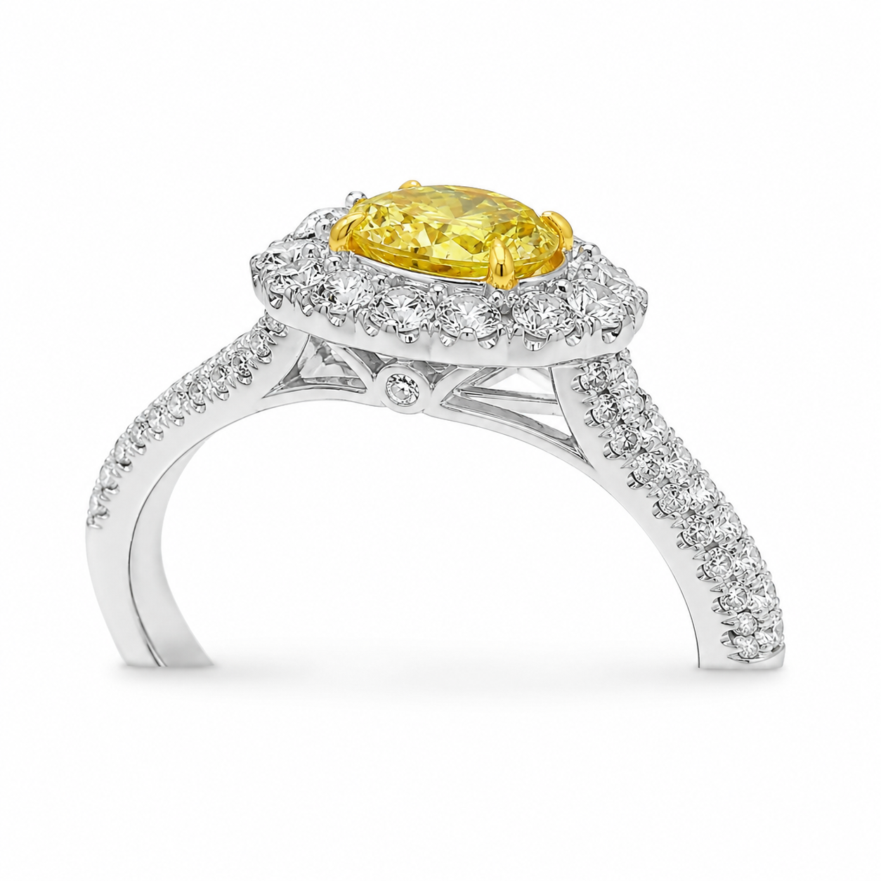 Natural Fancy Yellow Diamond Oval Cut Bridal Halo Ring 18KT White Gold