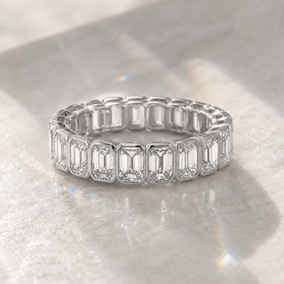 Natural Emerald Cut Diamond Bezel Eternity Ring 18KT White Gold