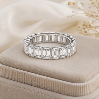 Natural Emerald Cut Diamond Bezel Eternity Ring 18KT White Gold