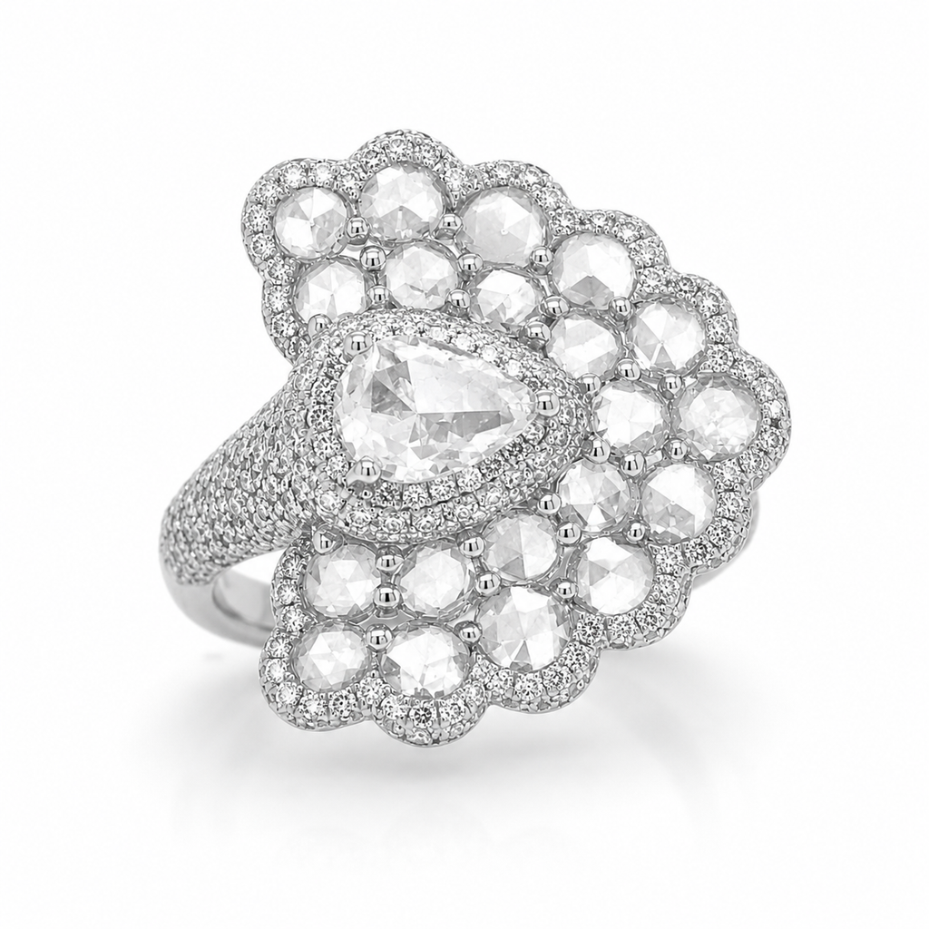 Natural Rose Cut Diamond Peacock Cocktail Ring 18KT White Gold