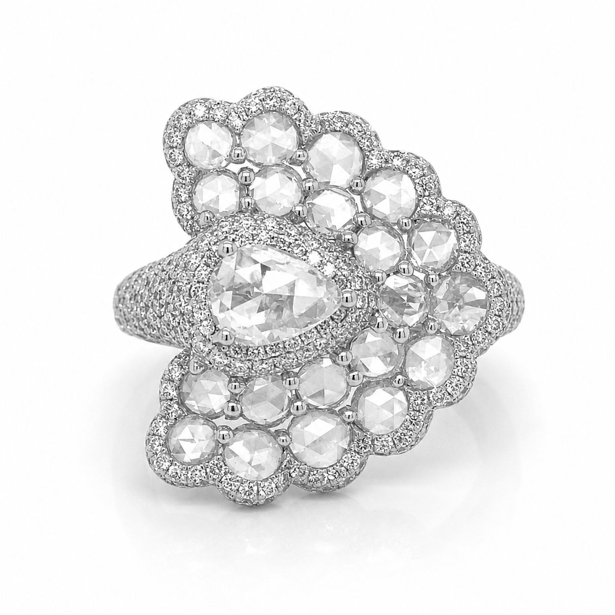 Natural Rose Cut Diamond Peacock Cocktail Ring 18KT White Gold