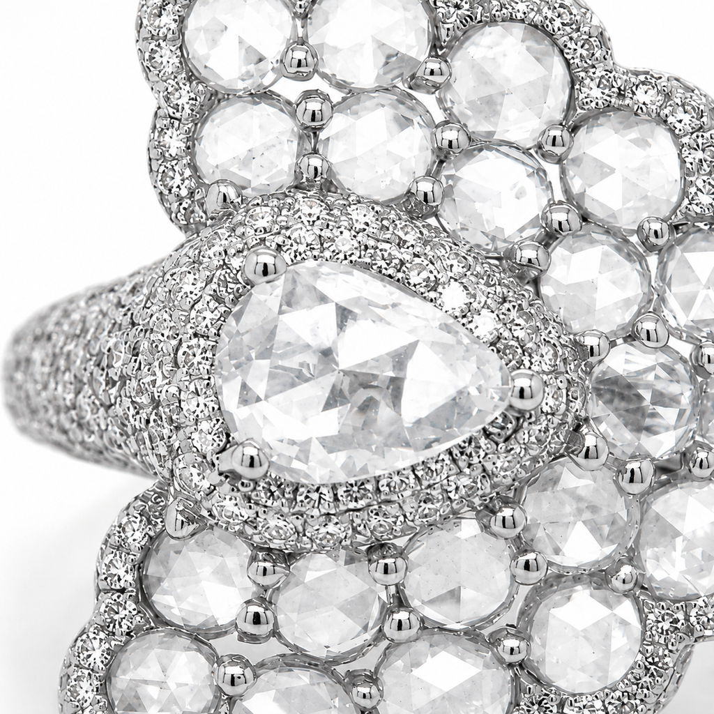 Natural Rose Cut Diamond Peacock Cocktail Ring 18KT White Gold