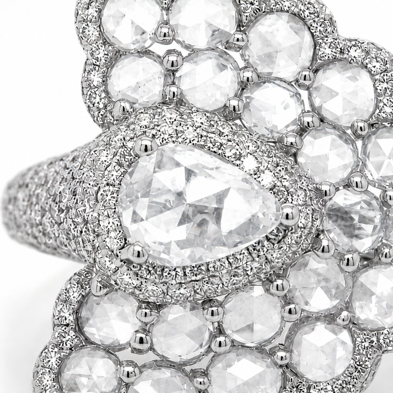 Natural Rose Cut Diamond Peacock Cocktail Ring 18KT White Gold