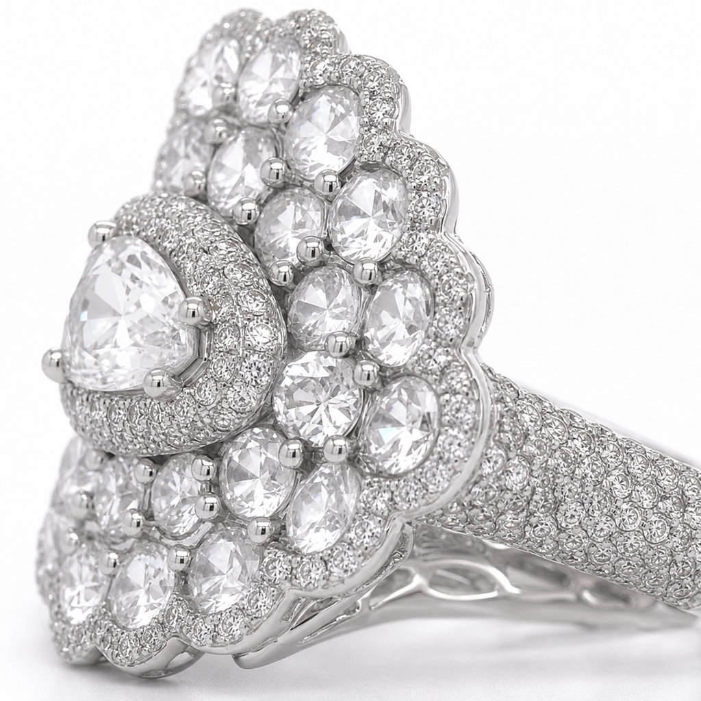 Natural Rose Cut Diamond Peacock Cocktail Ring 18KT White Gold