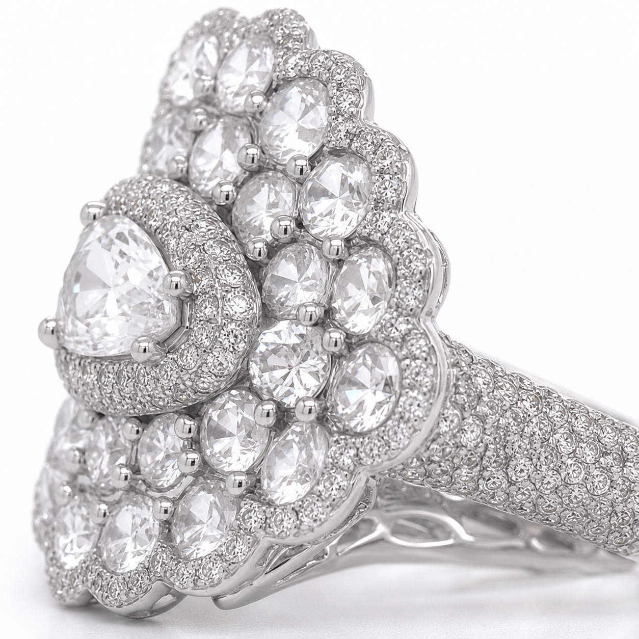 Natural Rose Cut Diamond Peacock Cocktail Ring 18KT White Gold