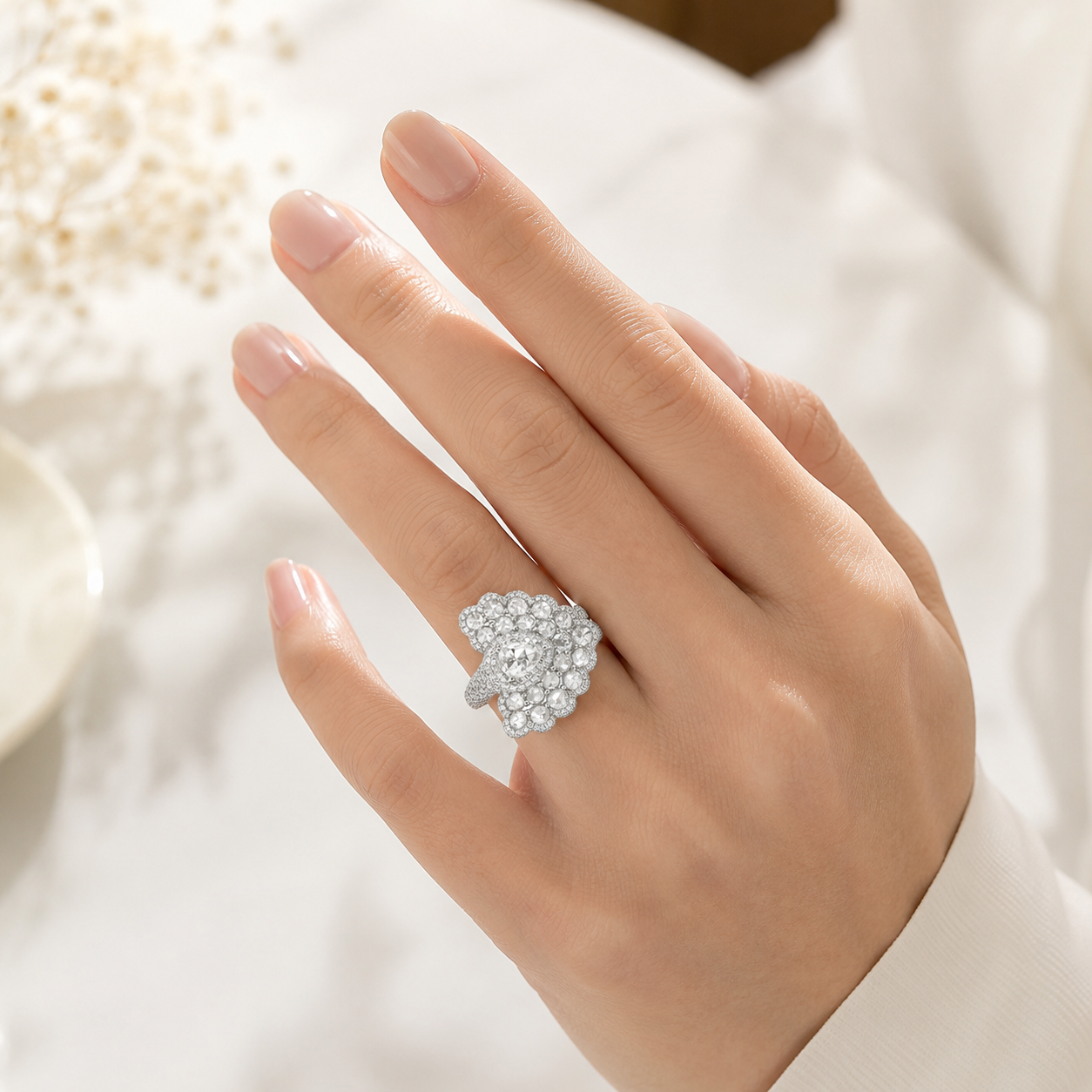 Natural Rose Cut Diamond Peacock Cocktail Ring 18KT White Gold