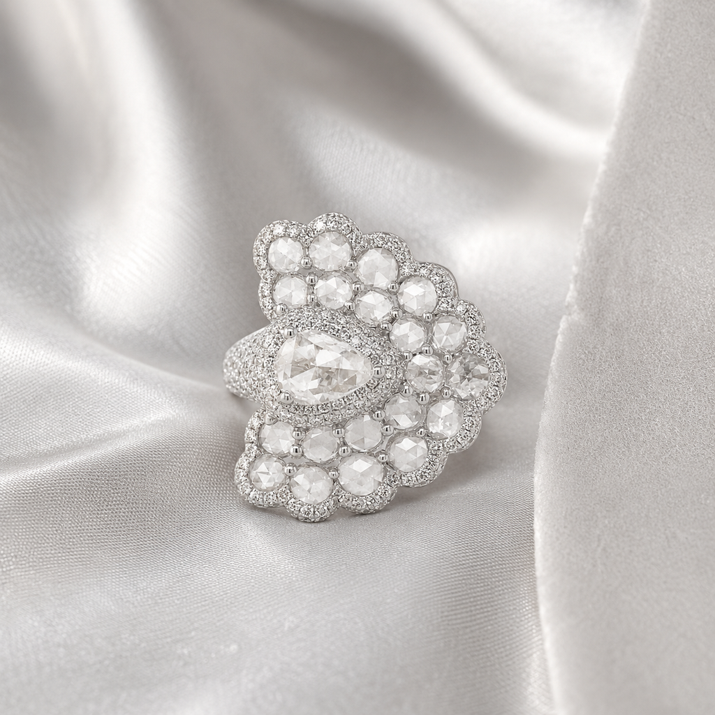 Natural Rose Cut Diamond Peacock Cocktail Ring 18KT White Gold