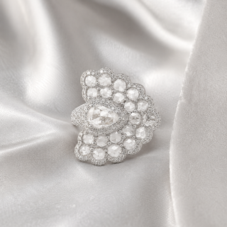 Natural Rose Cut Diamond Peacock Cocktail Ring 18KT White Gold