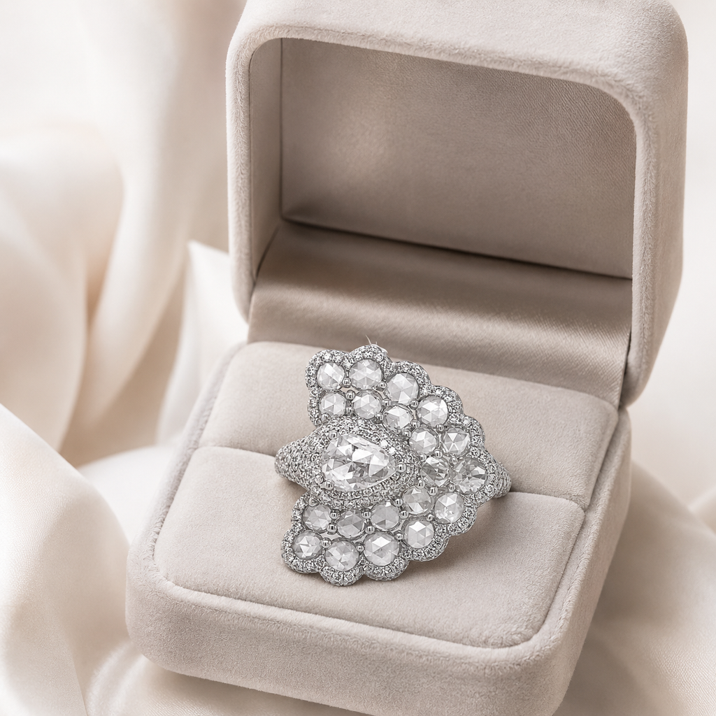 Natural Rose Cut Diamond Peacock Cocktail Ring 18KT White Gold