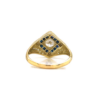 Natural Old European Cut Diamond and Sapphire Halo Cocktail Ring, in Yellow Gold