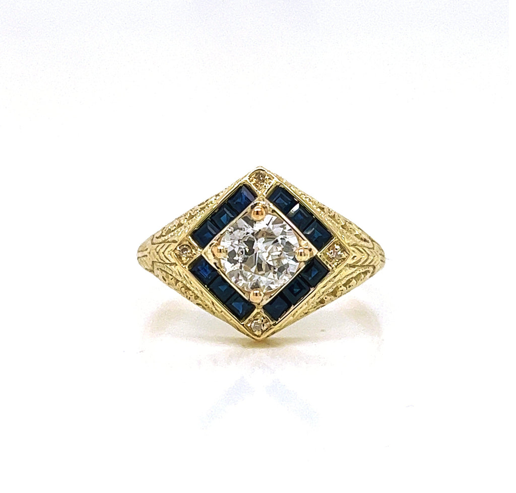 Natural Old European Cut Diamond and Sapphire Halo Cocktail Ring, in Yellow Gold - Pre-owned