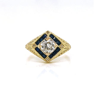 Natural Old European Cut Diamond and Sapphire Halo Cocktail Ring, in Yellow Gold