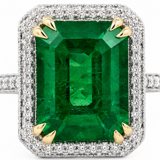 Natural Mined Emerald and Round Diamond Bridal Ring 18KT White Gold