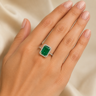 Natural Mined Emerald and Round Diamond Bridal Ring 18KT White Gold