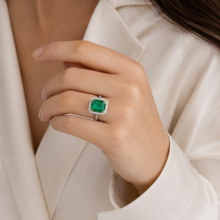 Natural Mined Emerald and Round Diamond Bridal Ring 18KT White Gold