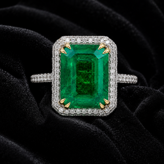 Natural Mined Emerald and Round Diamond Bridal Ring 18KT White Gold