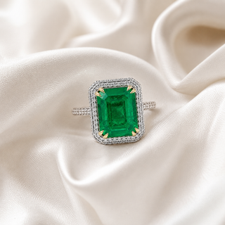Natural Emerald with Diamond Halo Bridal Ring 18KT White Gold AGL Certified